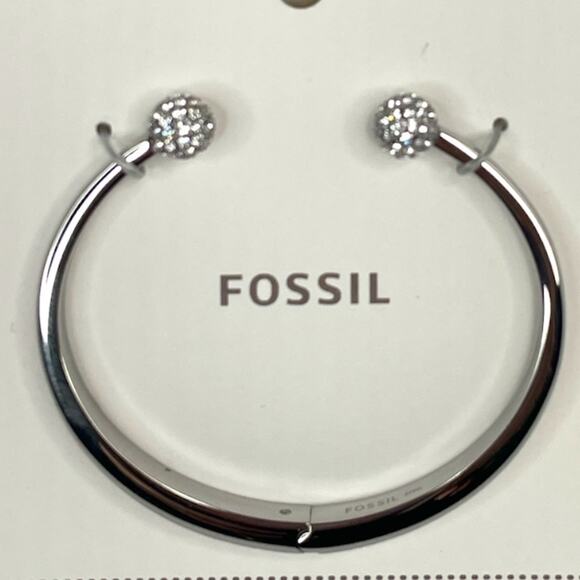Fossil Stainless Steel Glitzy Ball Rhinestone Cuff Bracelet Silver Tone - Picture 1 of 7